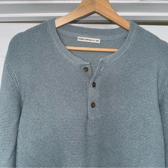 Marine Layer Teal Henley Sweater XXL Re-Spun Organic Cotton Knit Raglan Button